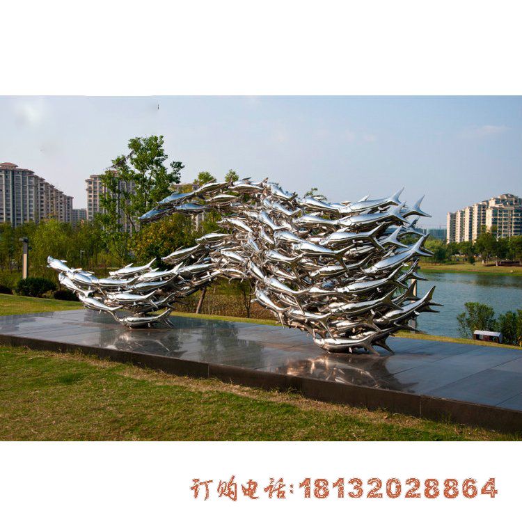 公园不锈钢镜面鱼群雕塑
