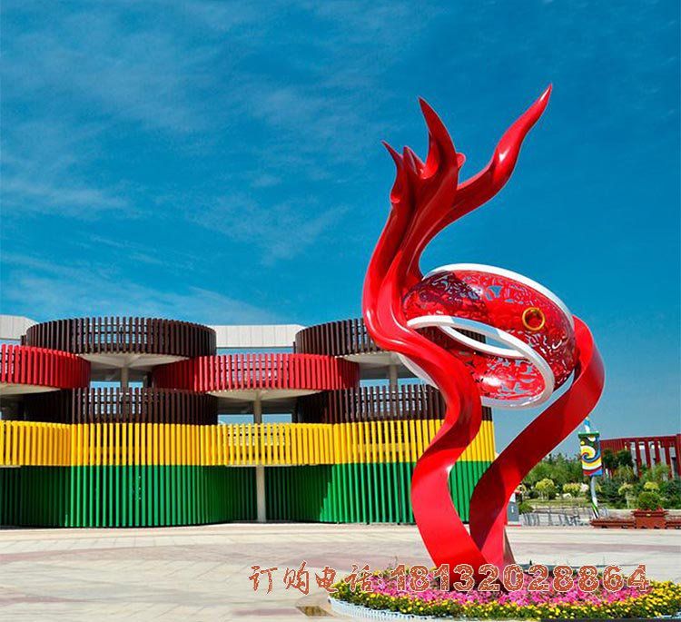 广场不锈钢抽象鼓和彩带雕塑