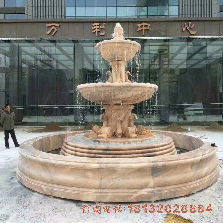 酒店门口晚霞红三层喷泉石雕