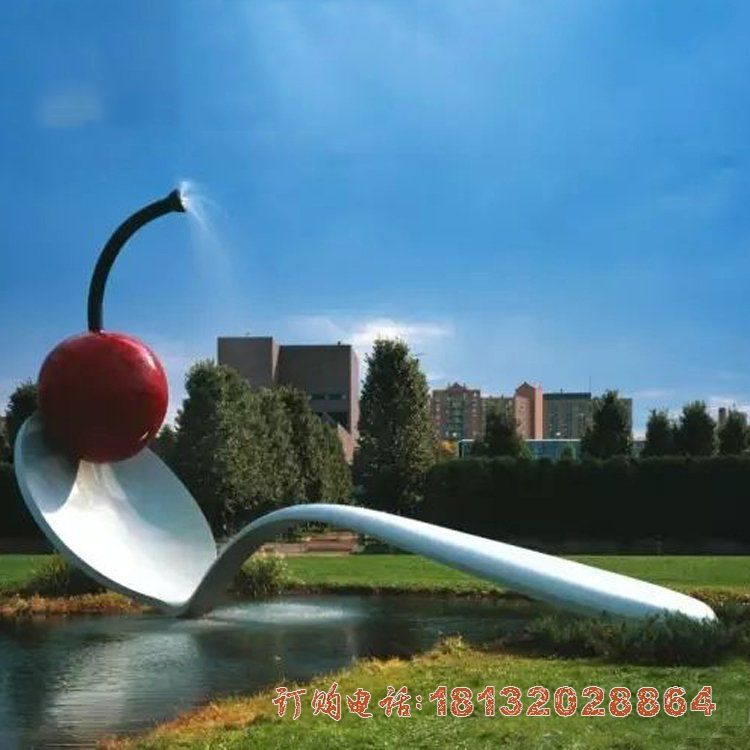 城市不锈钢水景樱桃和勺子雕塑