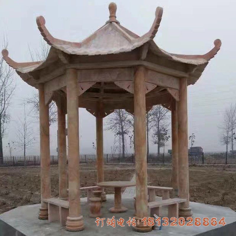 公园晚霞红八角石雕凉亭
