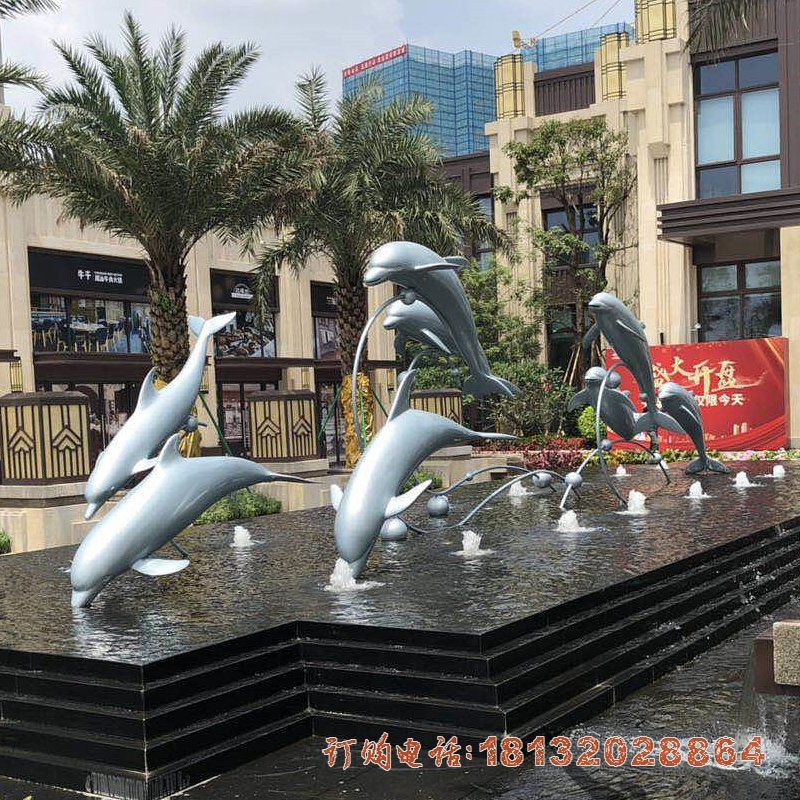 小区不锈钢水景海豚雕塑