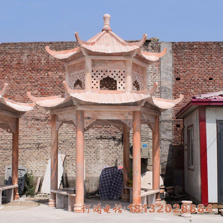 园林晚霞红双层六角凉亭石雕