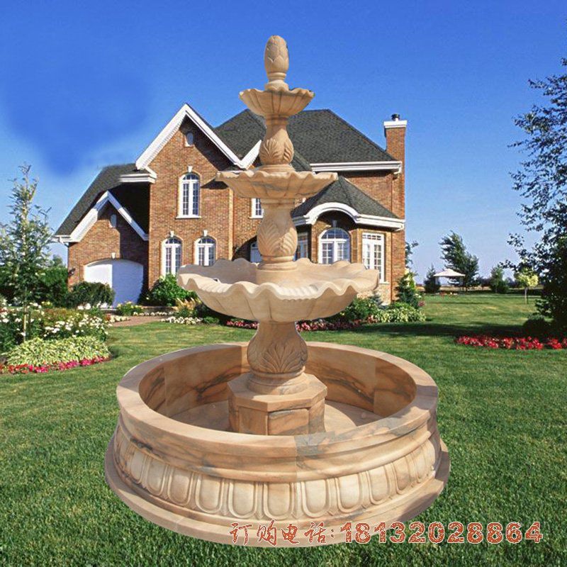 别墅晚霞红三层喷泉石雕