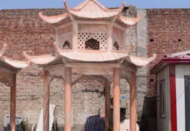 园林晚霞红双层六角凉亭石雕