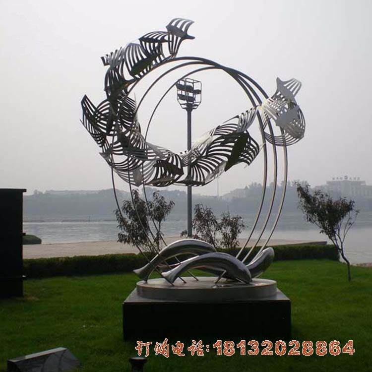广场不锈钢抽象海豚圆环雕塑