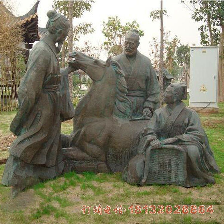 青铜古代人物喂马雕塑