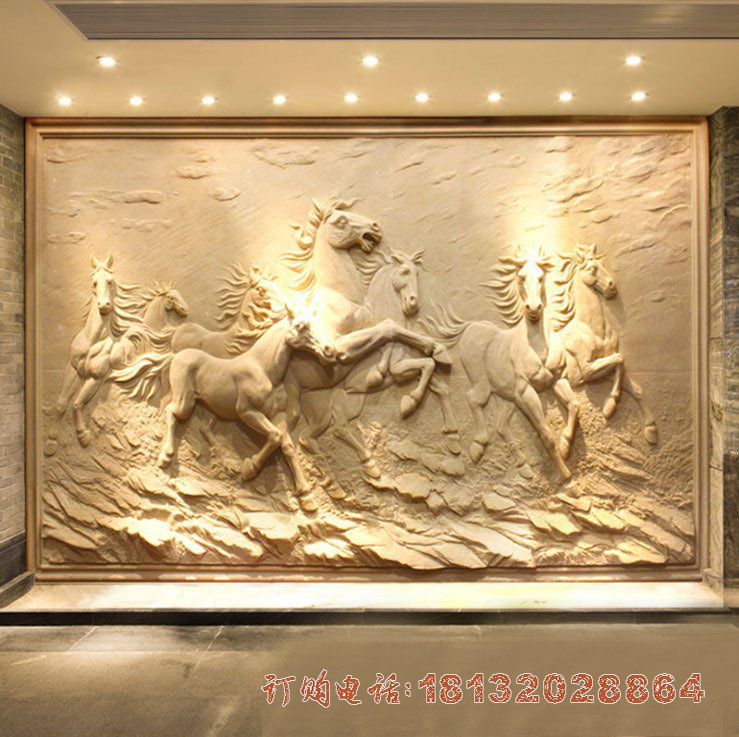 晚霞红万马奔腾石浮雕壁画雕塑