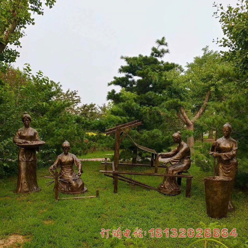 古代纺织人物铜雕