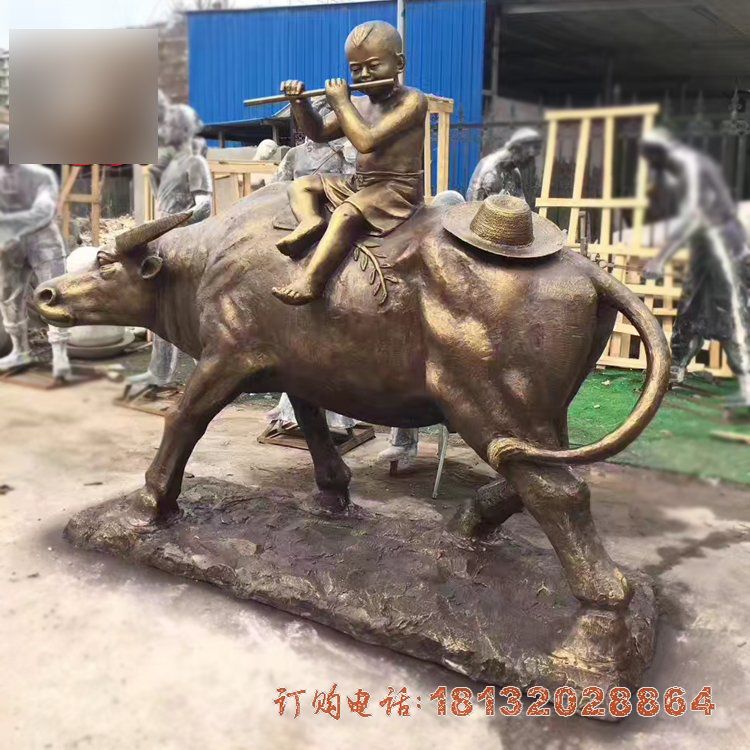 吹笛子的牧童牛铜雕，公园景观铜雕