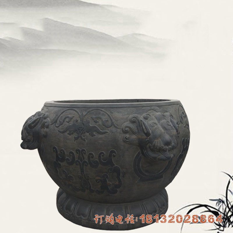 蝙蝠浮雕水缸，仿古圆形水缸石雕 (2)