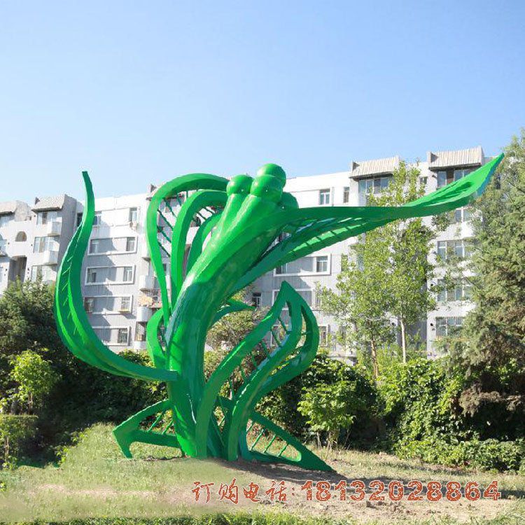 小区不锈钢抽象绿色植物雕塑