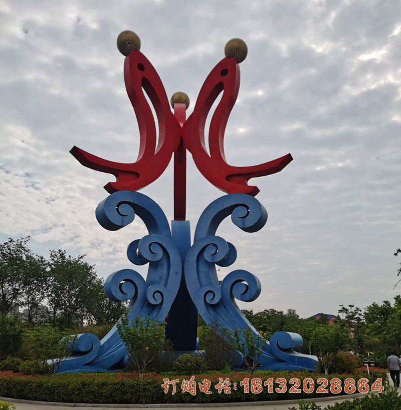 不锈钢抽象海浪鲤鱼雕塑