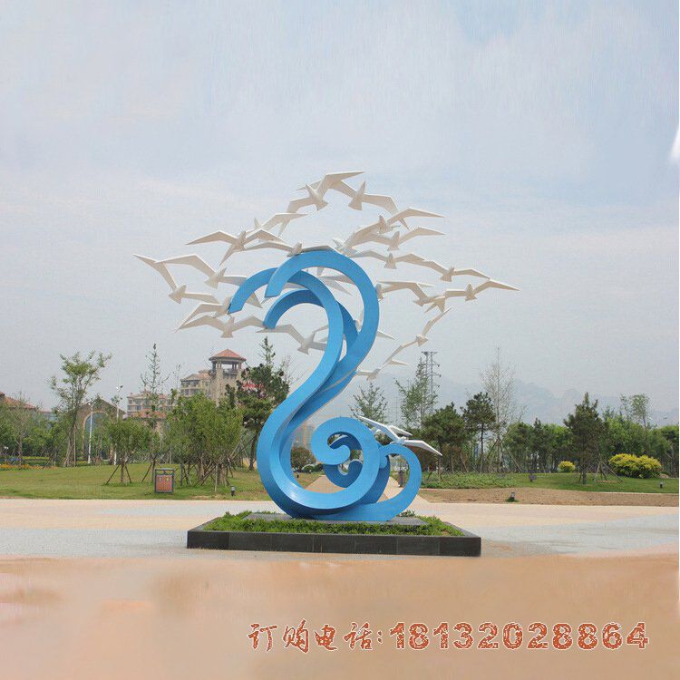 不锈钢抽象海浪和大雁雕塑
