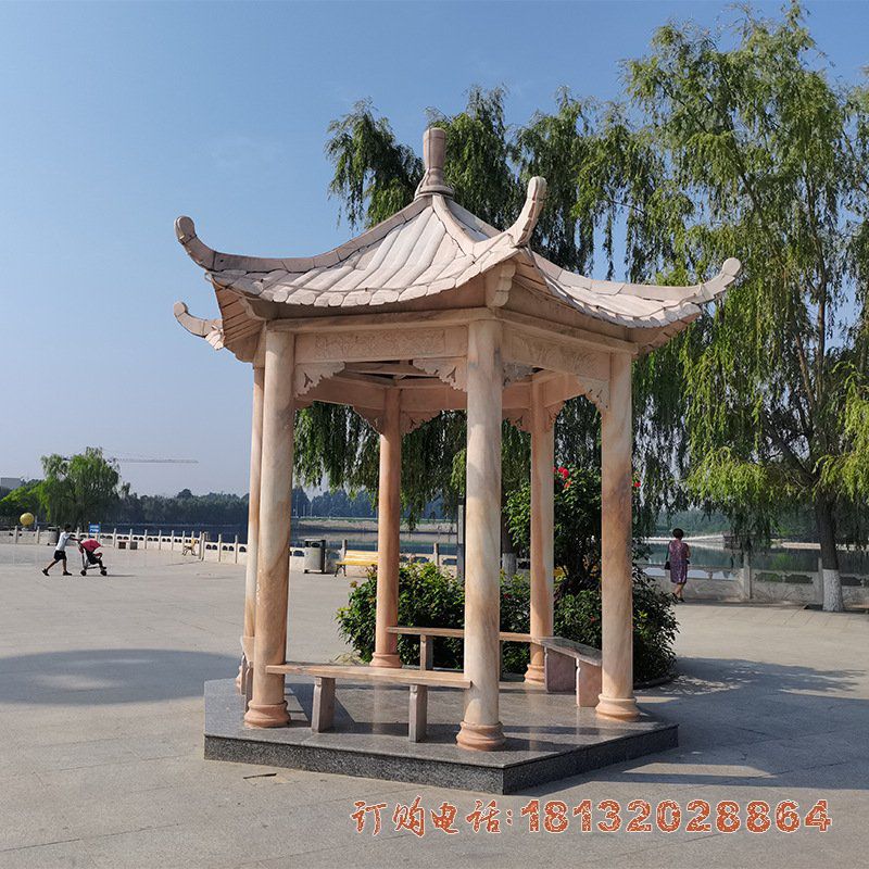 晚霞红石雕六角凉亭