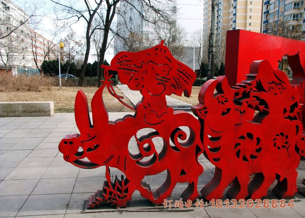 不锈钢剪纸牧童牛广场景观雕塑