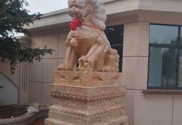 河南某小区晚霞红狮子石雕案例